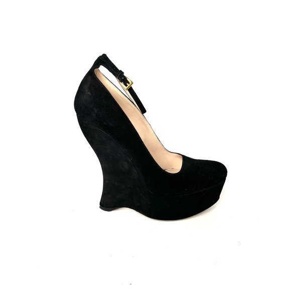 Authentic PRADA Black Suede Platform Wedge High Pumps 38.5 8 - Picture 1 of 10